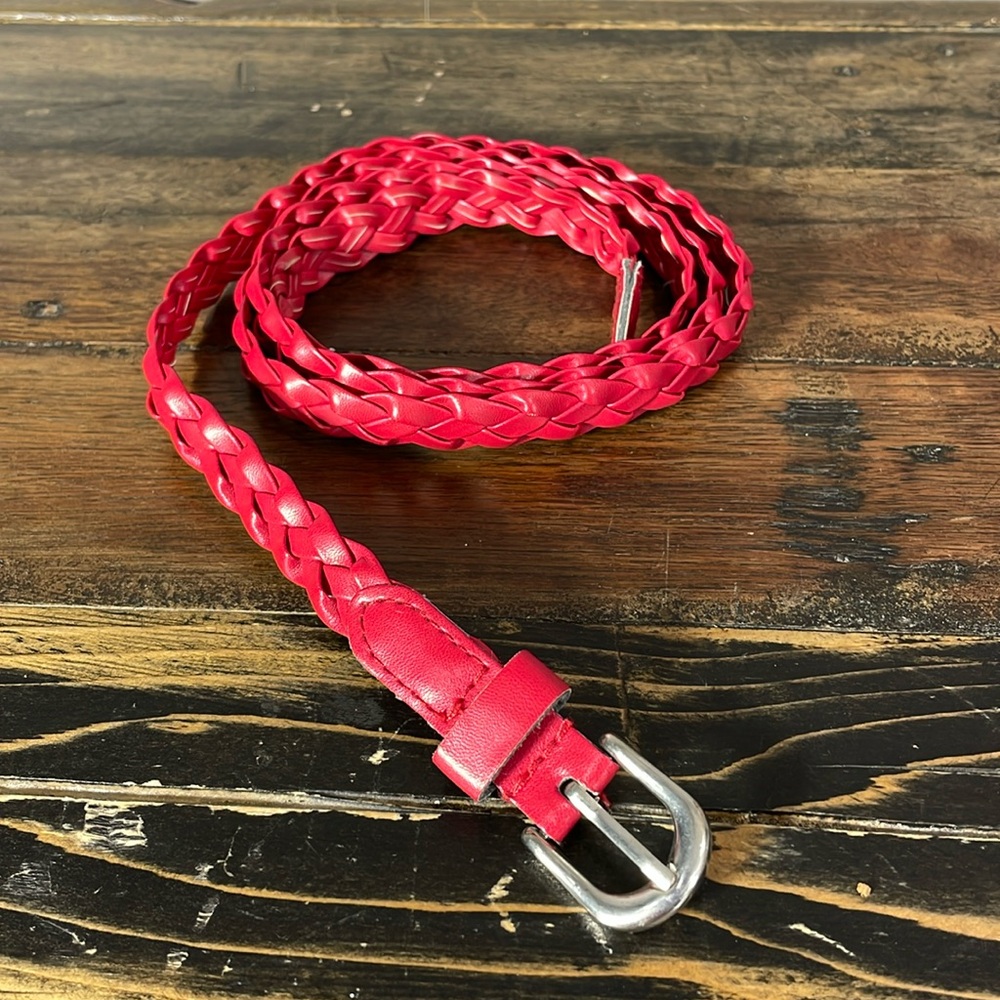 Red braided women’s 49” belt with silver buckle polyurethane - great condition